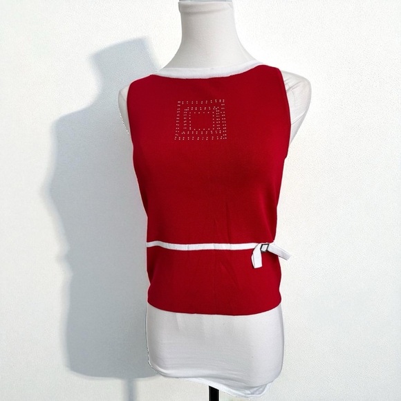 Anne Klein Vtg Y2K Red Sleeveless Tank Top with Rhinestone Graphic & White Trim - Picture 1 of 6